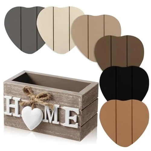 Wooden Heart Coasters Holder, pack of 6, black