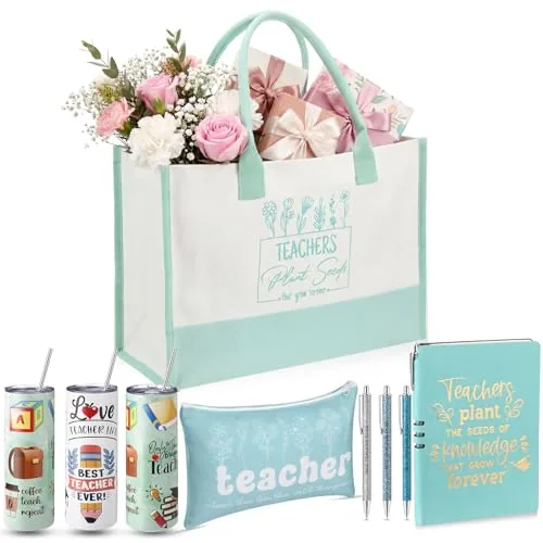 Teacher Tote Bag Tumblers Pens, pack of 7, green