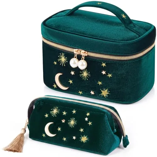 Velvet Makeup Bag Moon Star, pack of 2, green