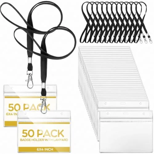 Black Name Tag Lanyards Id, 6 x 4 in, pack of 50 sets, black