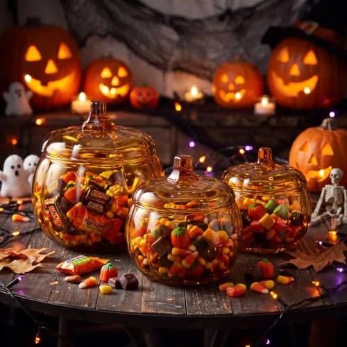 Amber Glass Pumpkin Jars Lids, pack of 3