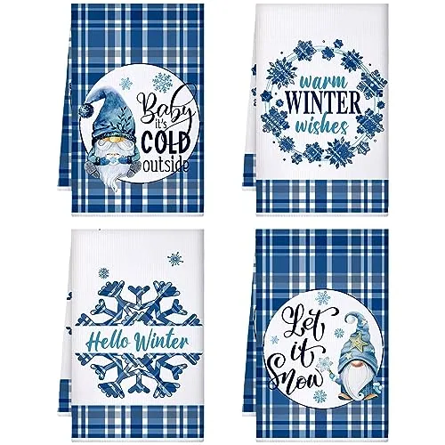 Blue White Christmas Kitchen Towels, pack of 4, blue