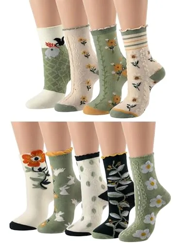 Cute Floral Socks Bow Ankle, 9 pairs, green