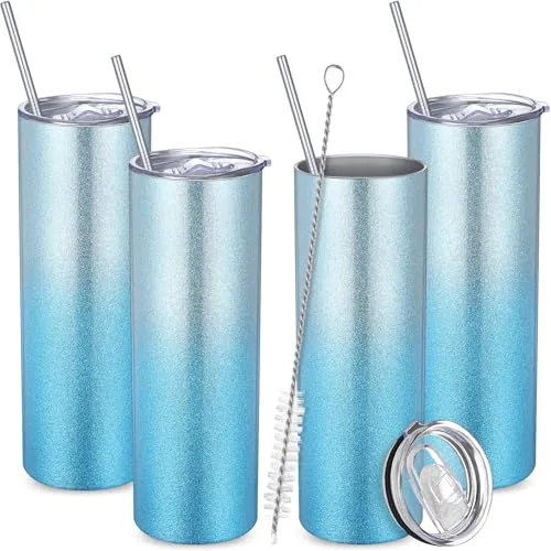 Glitter Skinny Tumblers Lid Straw, 20 oz, pack of 4, blue