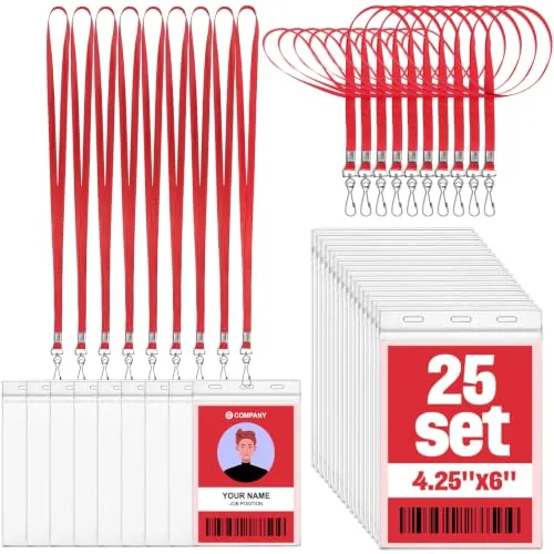 Badge Credential Holders Lanyards, 4 x 6 in, pack of 25, red