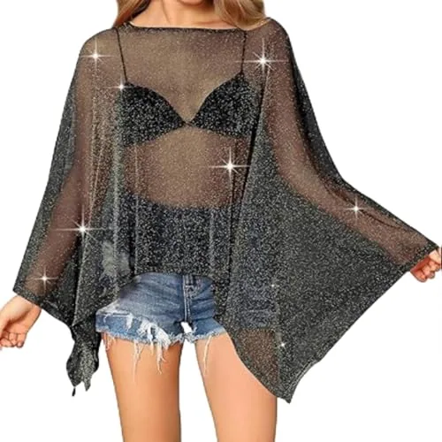 Sheer Poncho Top Mesh Lightweight, black
