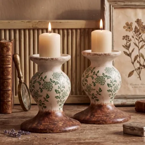 Terracotta Pillar Candle Holders Floral, pack of 2
