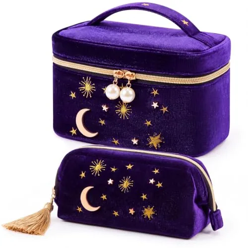 Velvet Makeup Bag Moon Star, pack of 2, purple