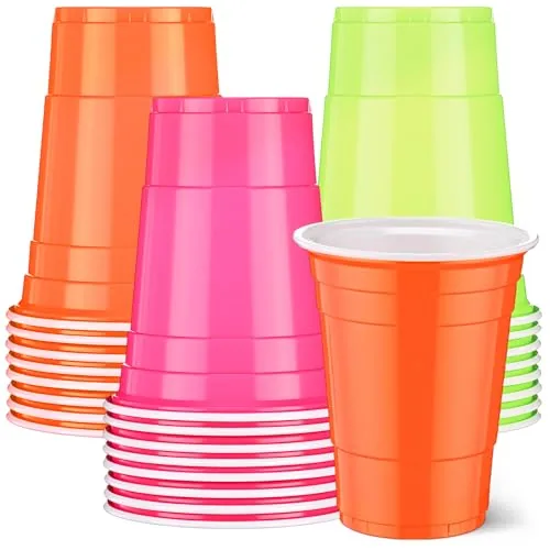 Neon Plastic Party Cups Disposable, 16 oz, pack of 24, assorted