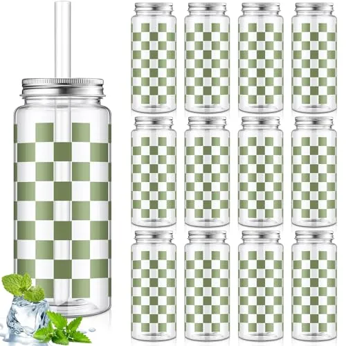 Sage Green Gingham Cups Clear, 13.5 oz, pack of 12, green