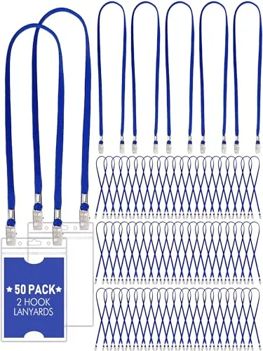 Twist Free Double Clip Lanyard, pack of 50, blue