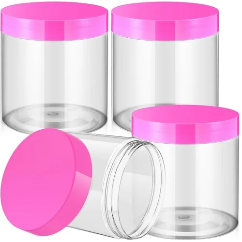 Plastic Jars Wide Mouth Lids, 16 oz, pack of 4, pink