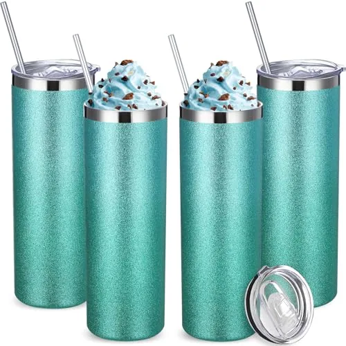 Glitter Skinny Tumblers Lid Straw, 20 oz, pack of 4, green